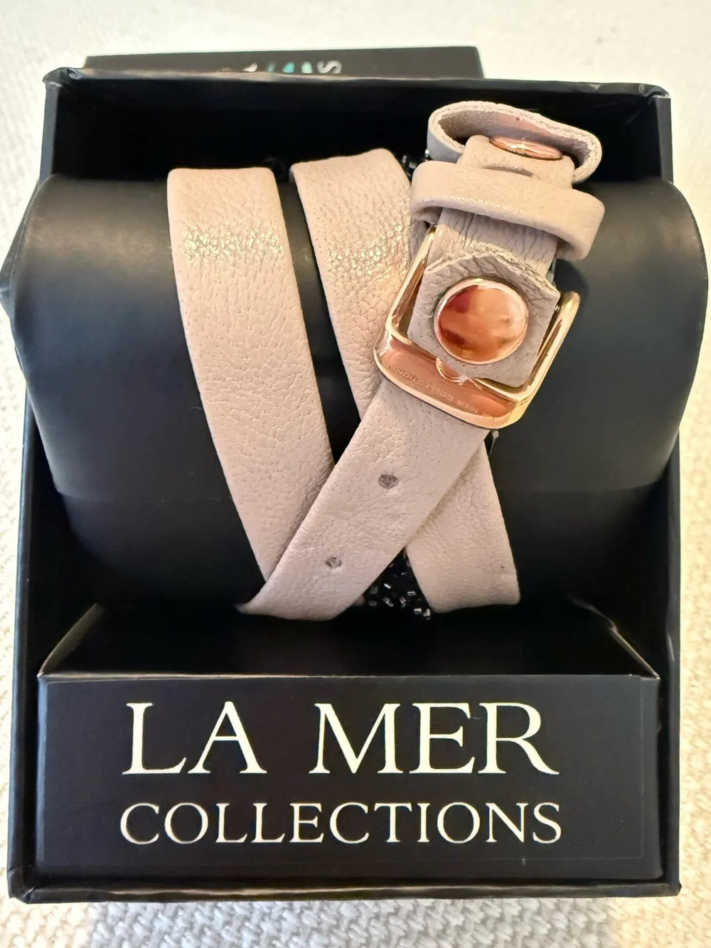 La Mer Beige Leather Wrap Bracelet Watch with Rose Gold Accents and Black Chain